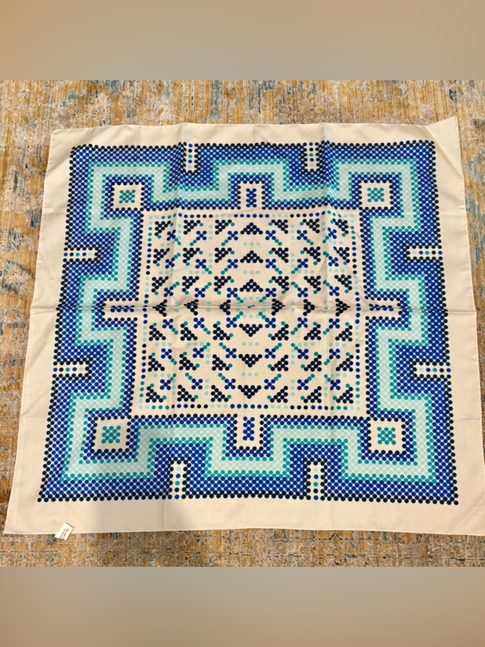 Vintage Cream Scarf with Blue and Teal Geometric Print